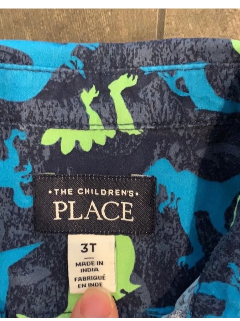 The Children's Place Navy Button-Down Shirt with Blue & Neon Green Dinosaurs 3T